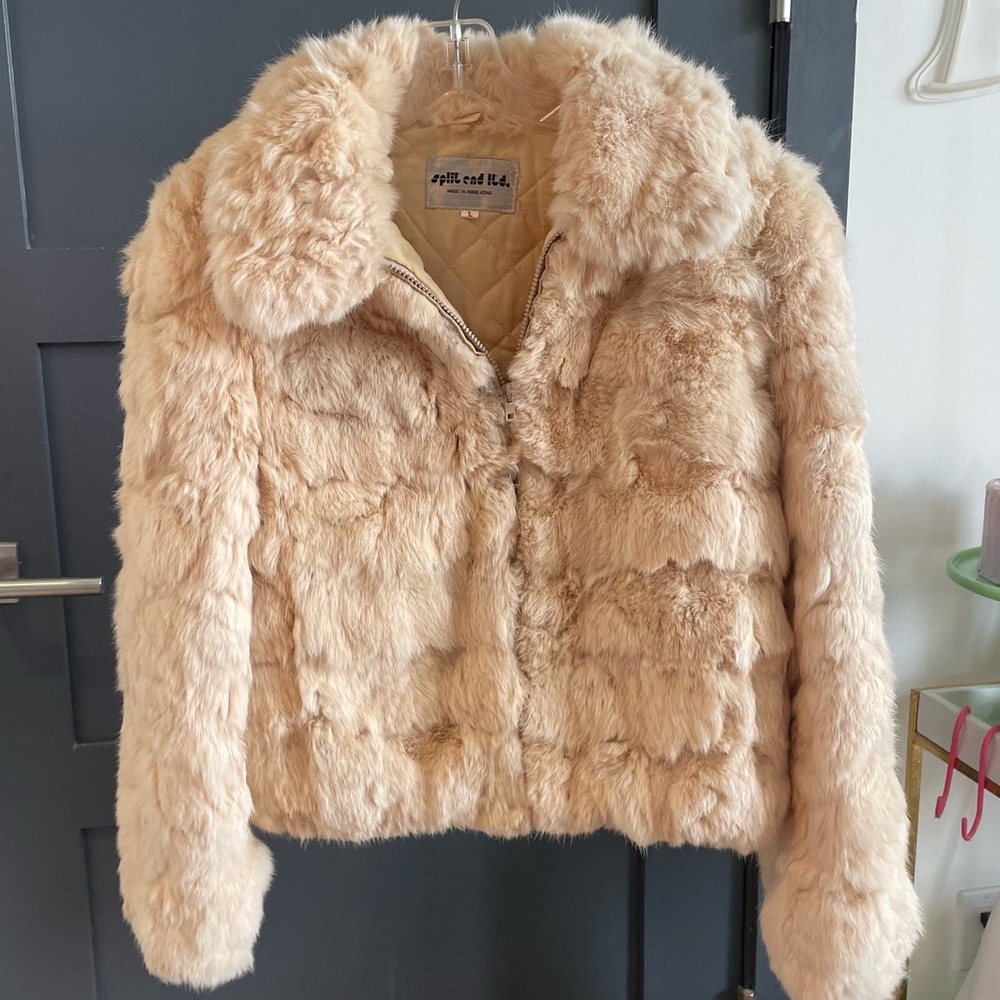 Split end ltd rabbit fur coat jacket light brown beige color